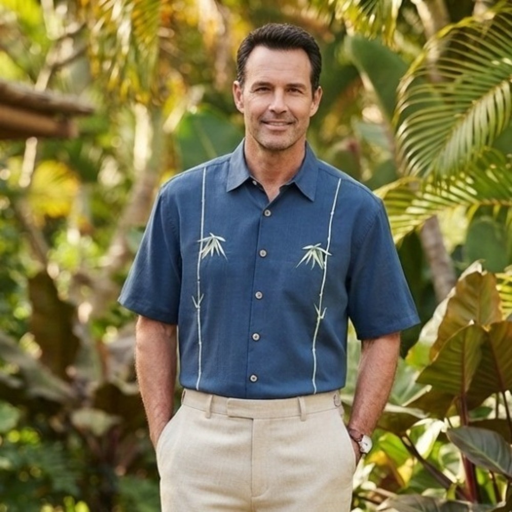 Bamboo Cay Mens 2X Blue Bamboo Embroidered Short Sleeve Button Down Camp Shirt